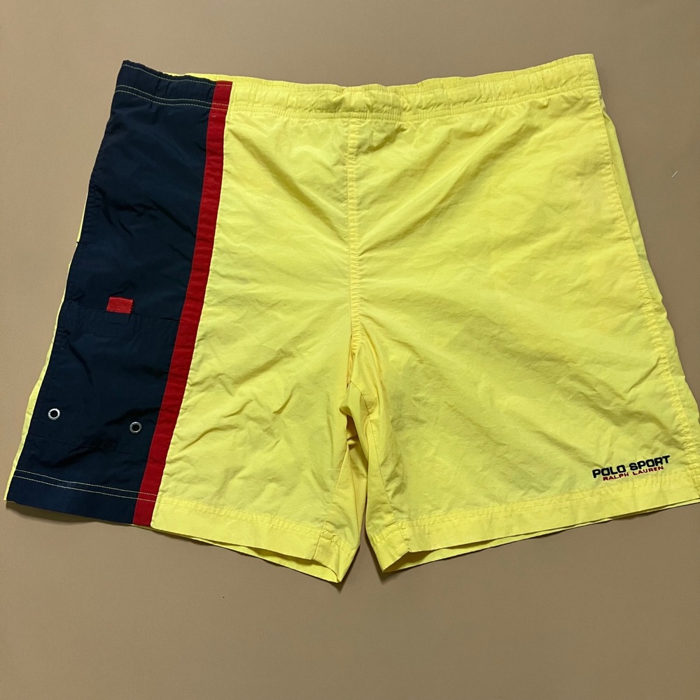 Vintage 90s Polo Sport Ralph Lauren Yellow Swim Trunks Shorts Colorblock Mens L